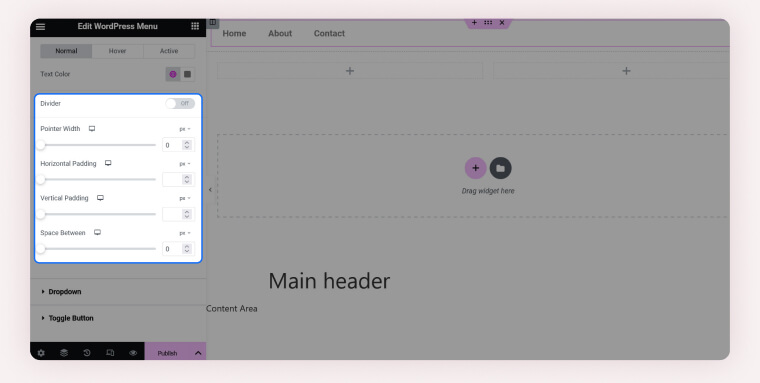 Screenshot of the available options to change navigation menu spacing in Elementor&rsquo;s Edit WordPress Menu.